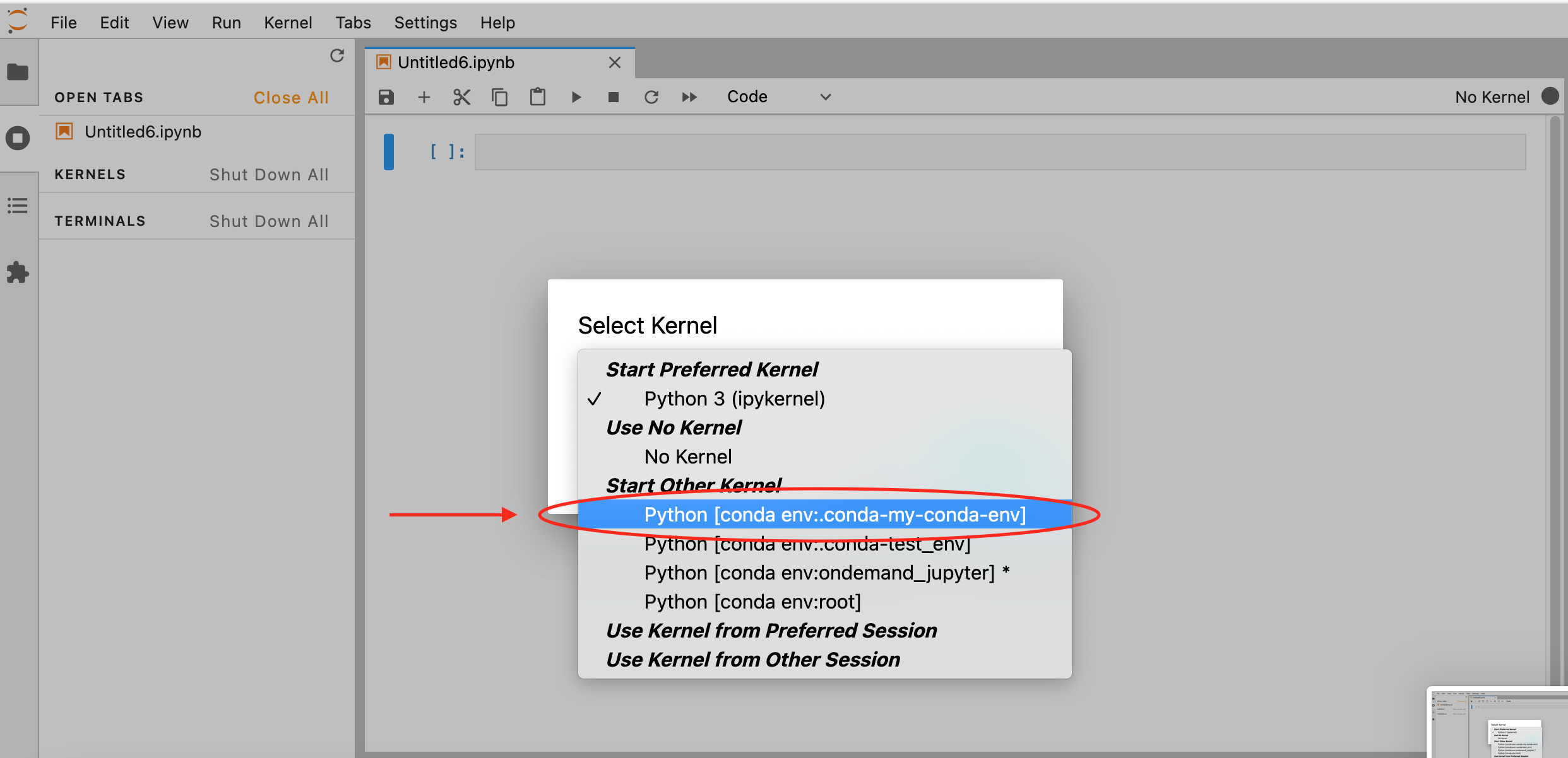 Change JN kernel when automatically prompted.