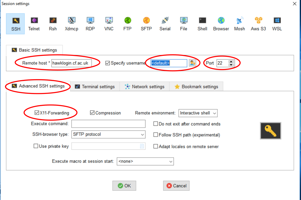 MobaXterm connection settings